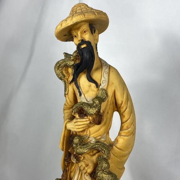 Vintage Asian Man Phoenix Birds Hand Carved Solid Resin Sculpture - Picture 8 of 9